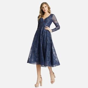 Mac Duggal NWT Beaded Embroidered Long Sleeve Navy Blue Formal Gown Dress 14